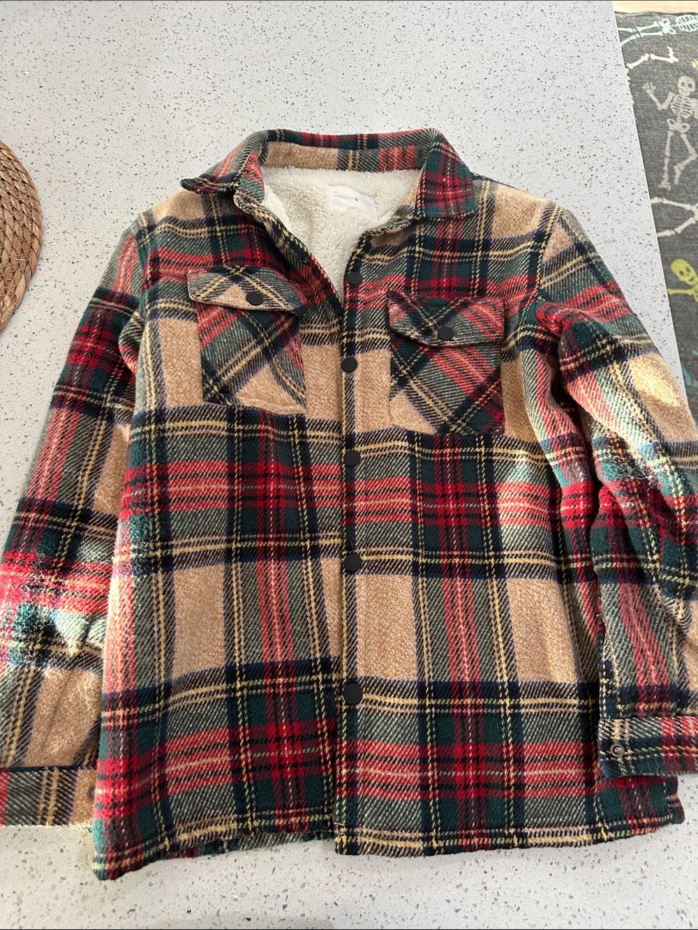 Boys Plaid Sherpa-Lined Shacket Jacket - Red, Green, Tan